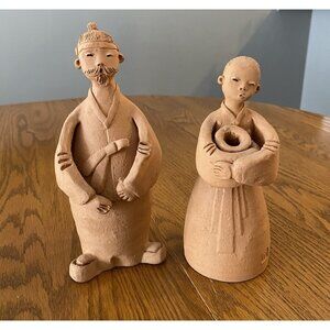 Vintage Japanese Clay Figures Haniwa Style - Monk & Woman Carrying Pot  9”